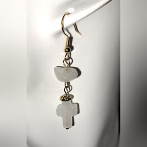 Semiprecious Gemstone White Quartz Cross Dangle Earrings